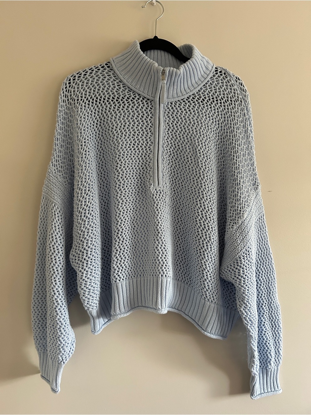 Aerie Crochet Quarter Zip Sweater Light Blue, Size XL